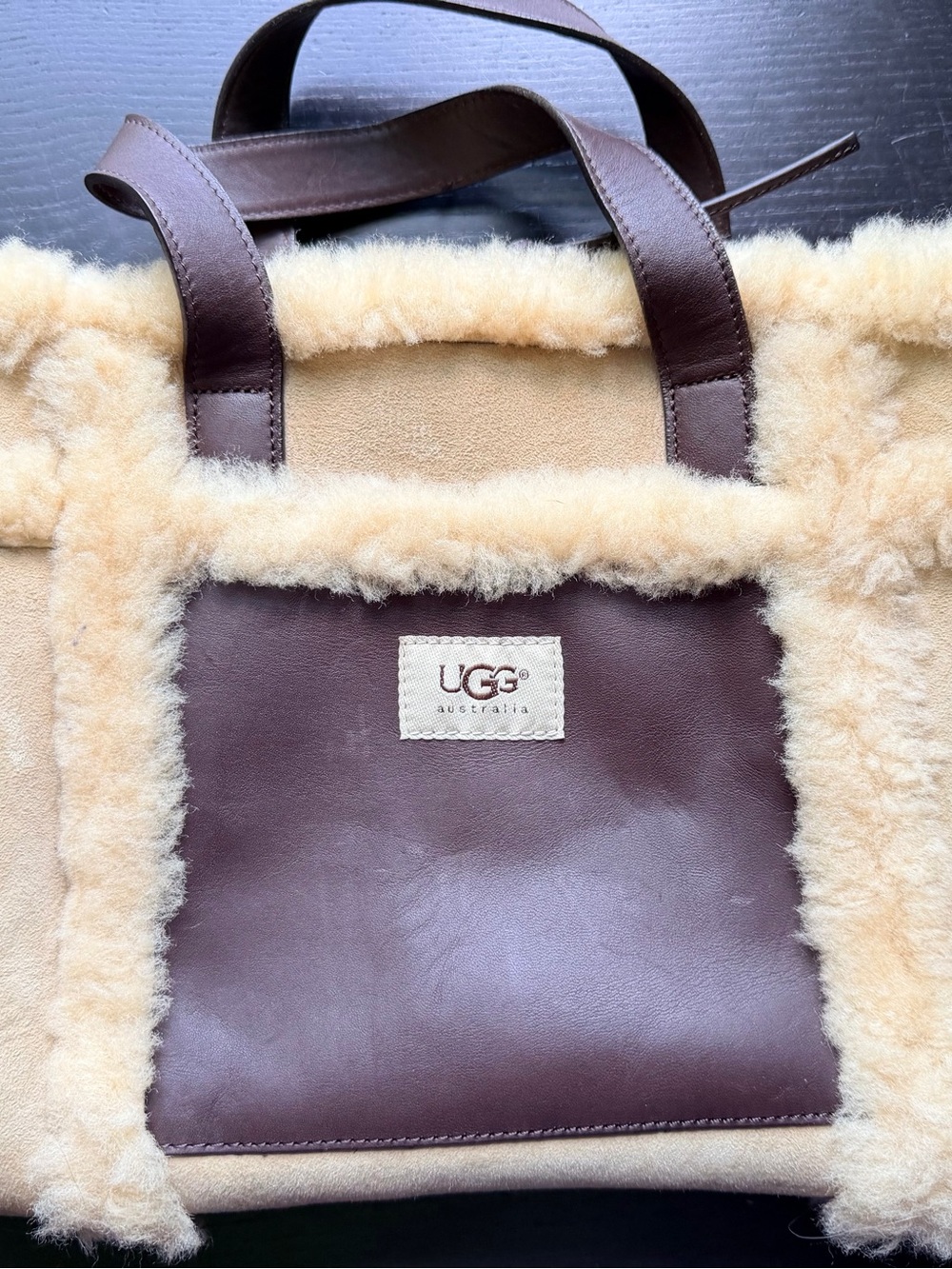 UGG Brown Leather Tote with Cream Shearling Interior